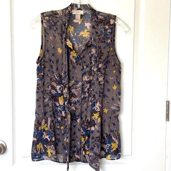 Loft Wms S Sheer Gray Floral Sleeveless Peplum Blouse Dark Cottagecore Layering - Picture 2 of 11